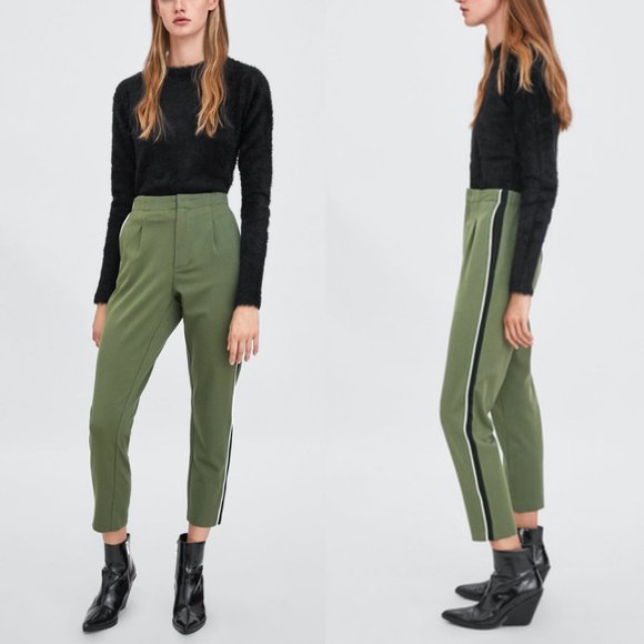 Zara TRF Green Side Stripe High Rise Tapered Ankle Pants - Picture 1 of 6